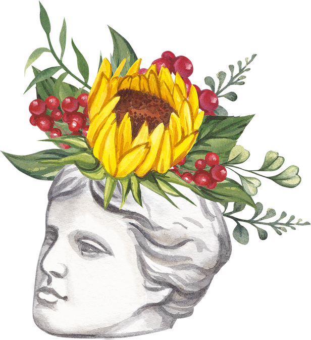 Watercolor Head of a White Plaster Statue with a Sunflower.